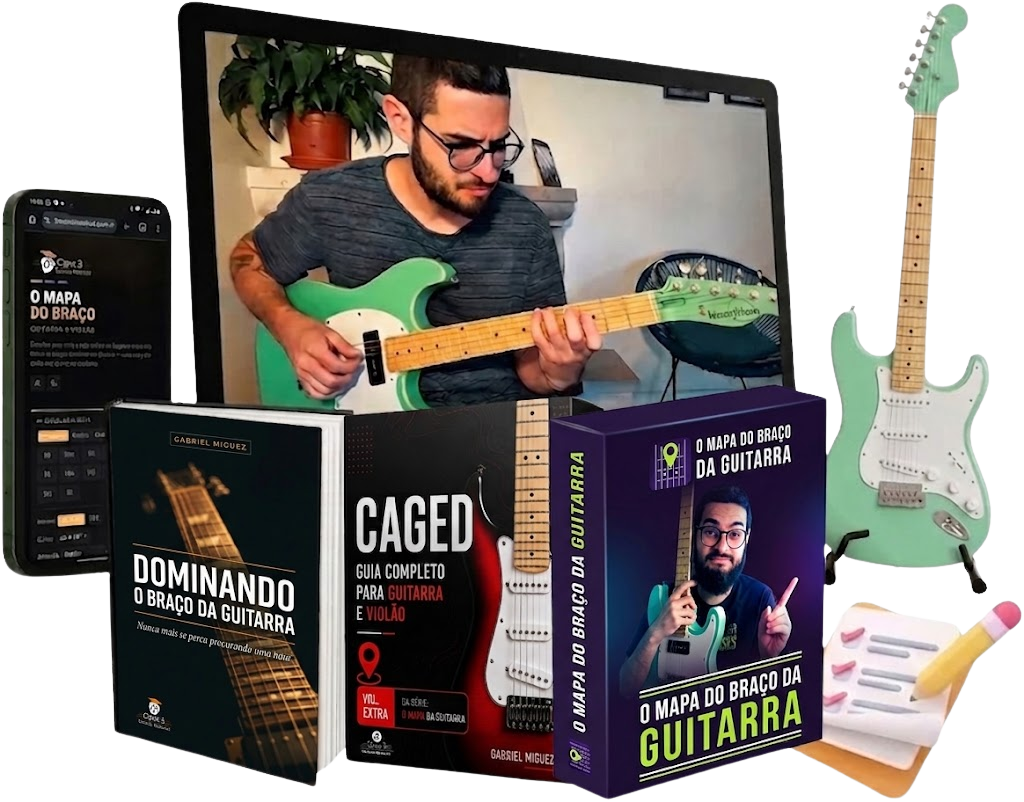 Tudo que você recebe: treinamento, PDF, módulo CAGED e o aplicativo O Mapa do Braço da Guitarra
